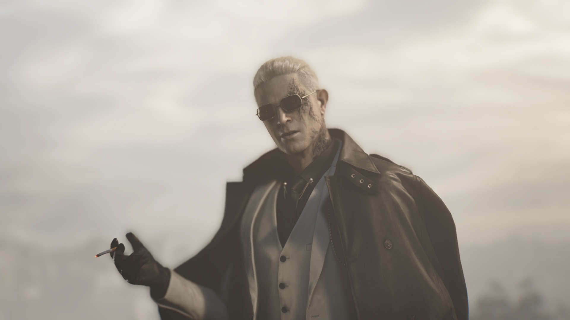 Zeno in Resident Evil Requiem, who has slick back white hair, wears shades, and holds a cigarette in his gloved hand
