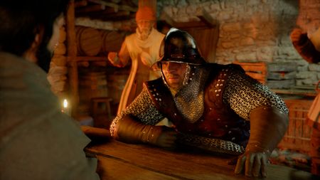 Crimson Desert arm wrestling - Soldier in a metal helmet at a table