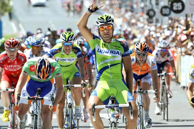 Francesco Chicchi celebrates a stage win