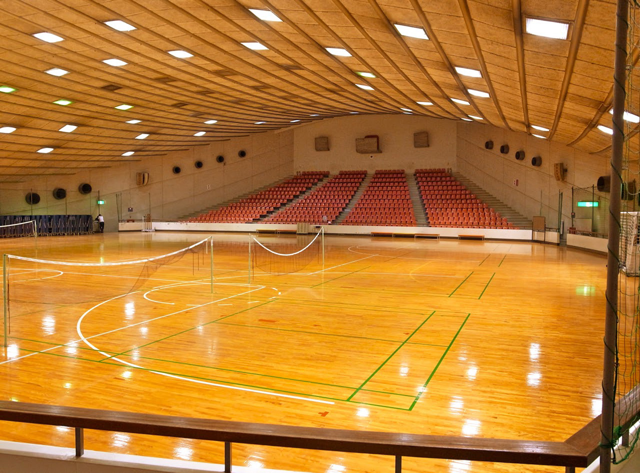 Kagawa Prefectural Gymnasium, Kenzo Tange's 'ship gymnasium' in Japan, a curved concrete structure currently under threat of demolition due to neglect