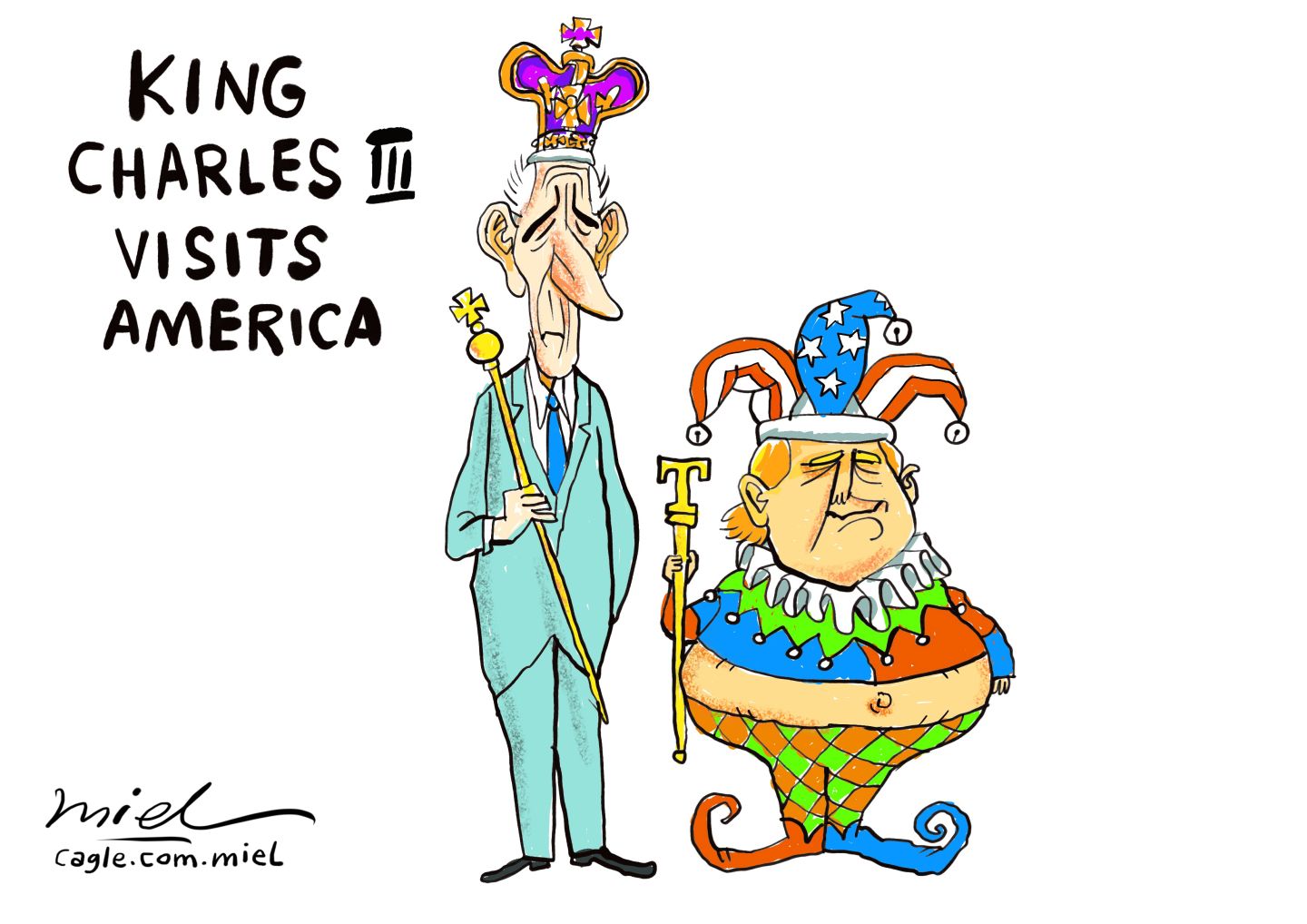 
                                This cartoon is titled “King Charles III visits America.” It depicts Charles in a suit with a crown and a royal scepter. He stands next to a much smaller Donald Trump, dressed as a jester with a hat and bells and shoes that curl at the tip. 
                            