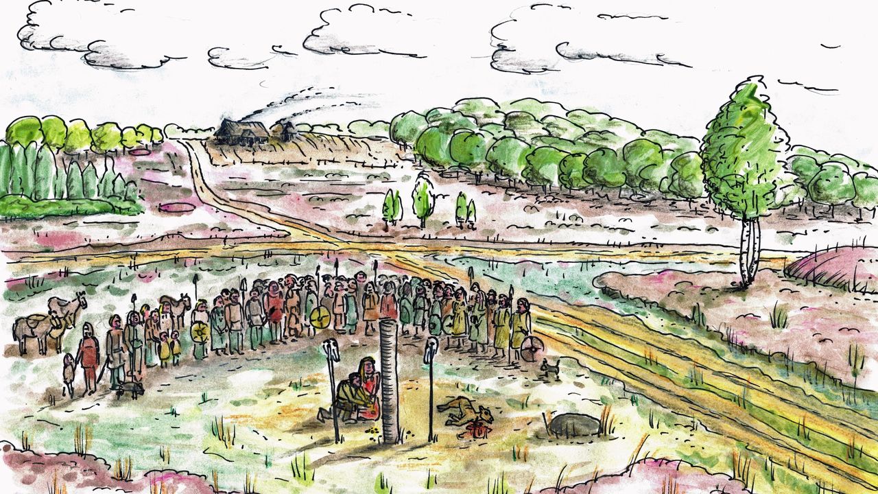 An illustration of a pagan cult site. There's a crowd of people in a semi-circle and a person in the middle near three wooden posts.