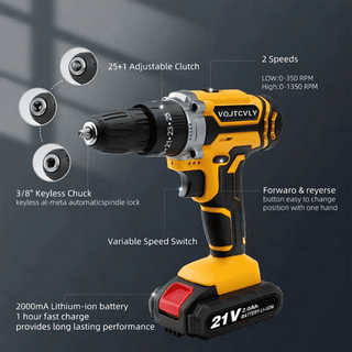 Vqjtcvly Cordless Drill, 21v Power Drill Set With 2ah Battery, 3/8