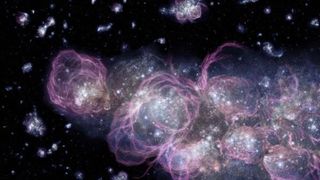 spindly purple swirls in deep space, representing star formation in the early universe