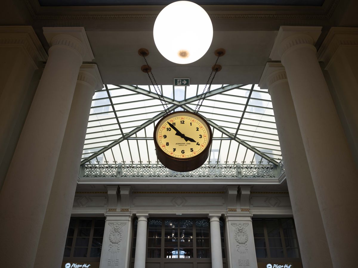 A large clock in a railway station