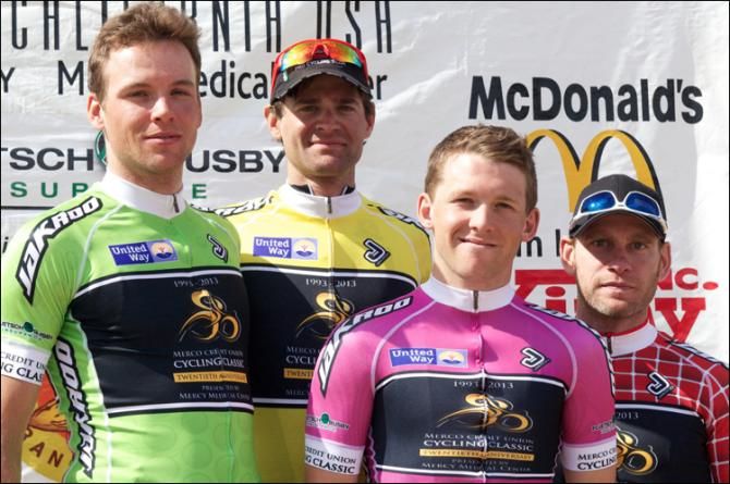 Overall men's jersey winners (L-R): Michael Weicht, points; Phil Gaimon, overall; Logan Loader, young rider; Michael Olheiser, most passionate