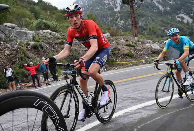 Bahrain-Merida's Rohan Dennis shows the effort it takes to climb Mount Baldy on stage 6 of the 2019 Tour of California