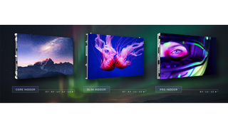 The three new Elysium LED models showcasing a landscape, a jellyfish, and a racecar driver.