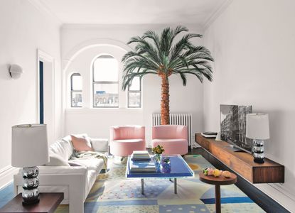 Living room with contemporary and retro sofa, chairs and tables in white, light blue, pink, and wood, and palm tree in corner
