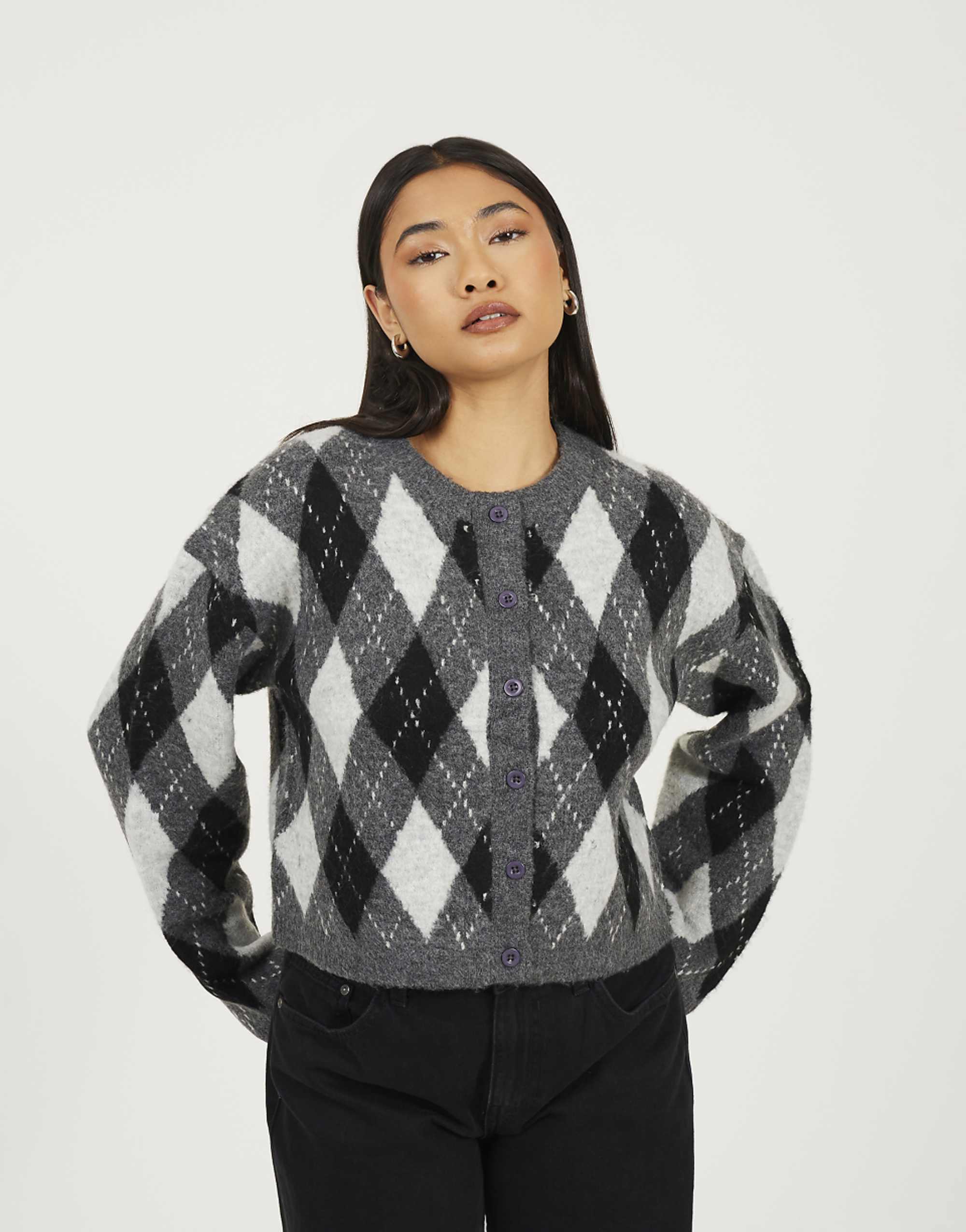 Brave Soul Round Neck Argyle Knit Cardigan in Grey