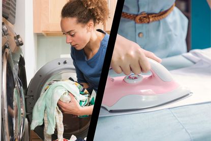 Split screen, woman putting laundry into a tumble dry and close up of person using iron