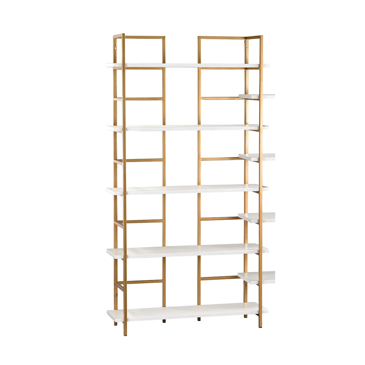 tall white and gold shelving unit