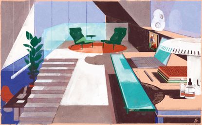 A colourful illustration of an upper level workspace with stairs, two chairs and a desk by Leonie Bos