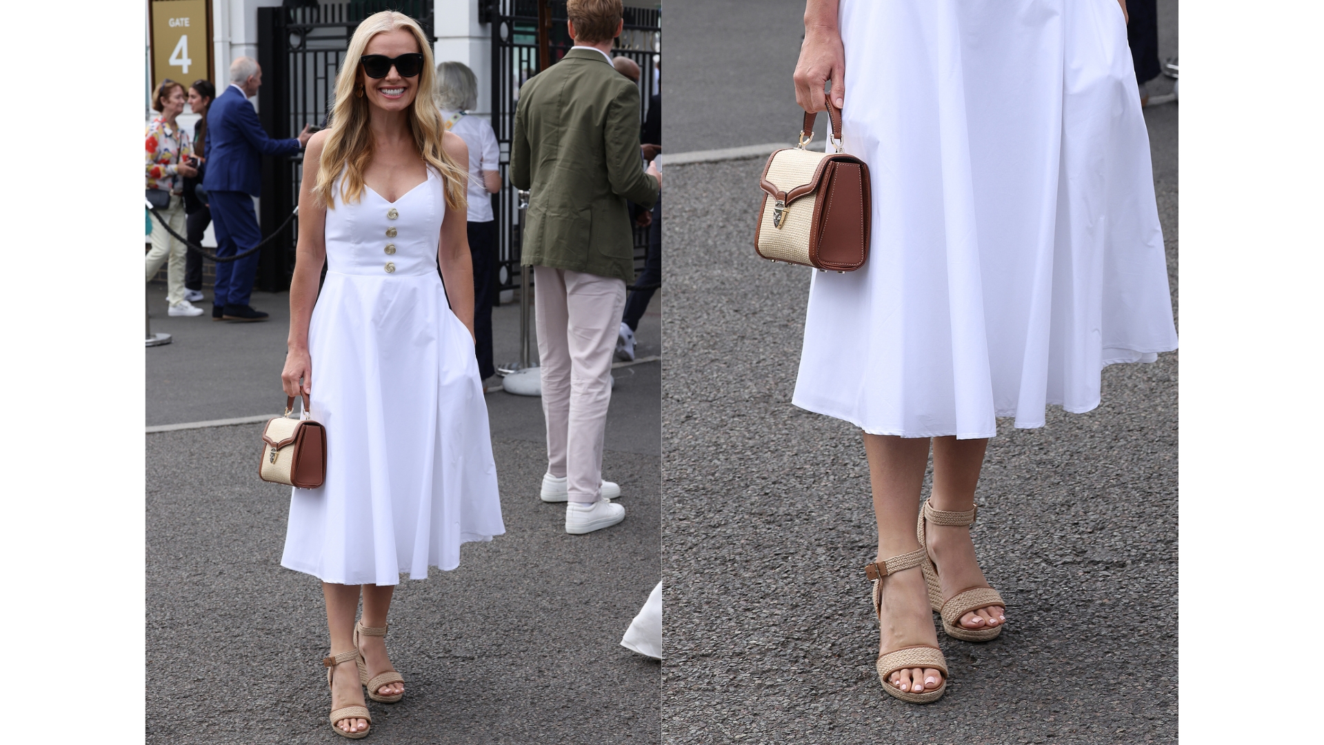 On the left, Katherine Jenkins is pictured wearing a white dress and wedged shoes, with a white pedicure on her toes during day two of the 2026 Wimbledon Tennis Championships at All England Lawn Tennis and Croquet Club on June 30, 2026 in London, England. And on the right, is a close-up of the same picture, zoomed in on her footwear, to show her pedicure in more detail.