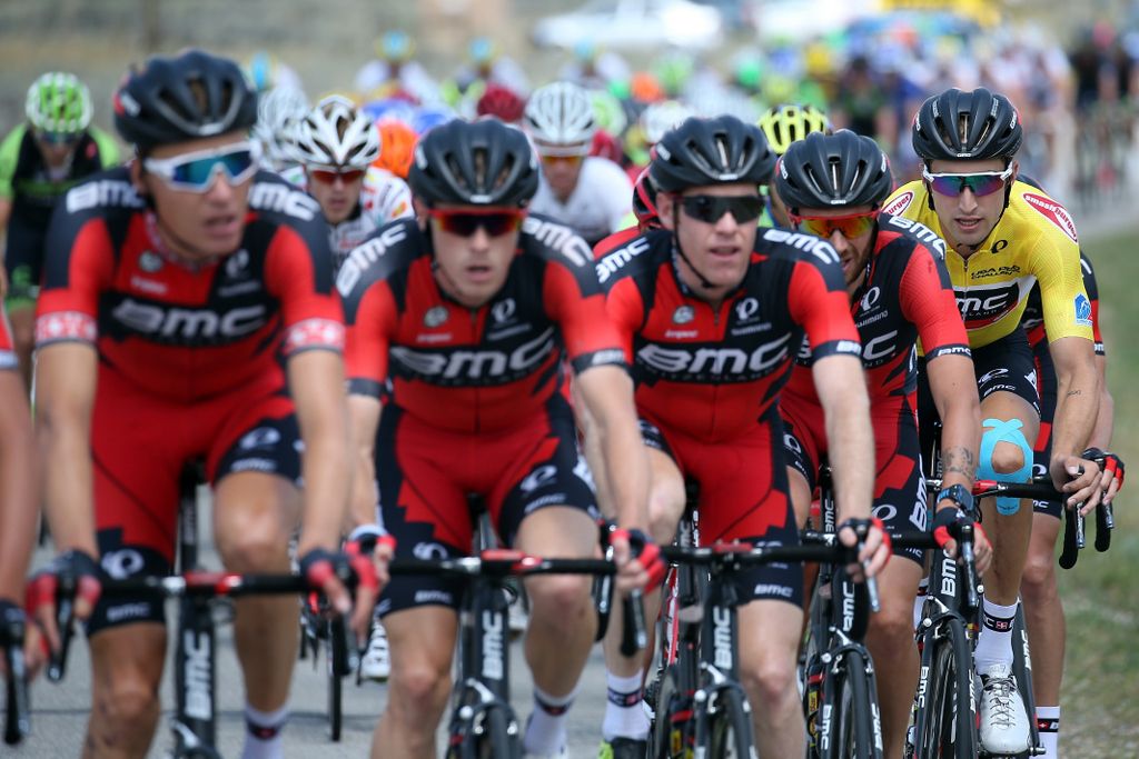 BMC early in the stage looks after Taylor Phinney in the yellow jersey
