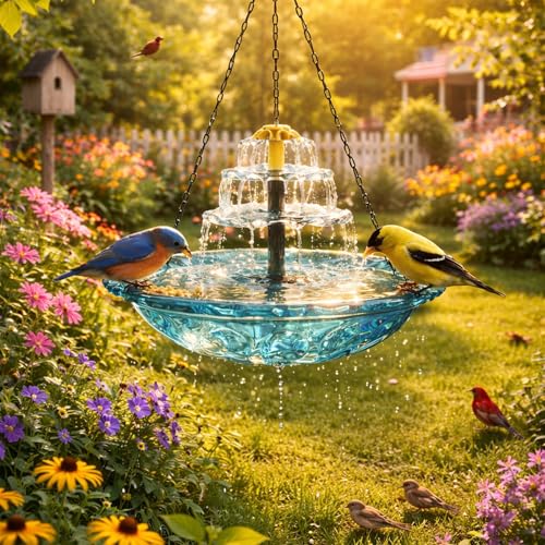 2026 New Solar Cascade Hanging Bird Bath Fountain, Outdoor Hanging Bird Bath With Solar Fountain, Large Humming Birds Baths Fountains, With Solars Pump &amp;amp; Glass Bowl, for Outdoor, Gardens (#1)