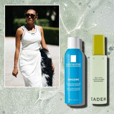 a green liquid background with a woman in a white outfit and sunglasses next to two bottles of face mist