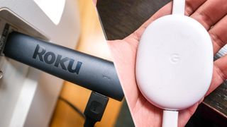 The Roku Streaming Stick 4K plugged into the back of a TV and the Chromecast with Google TV in a hand