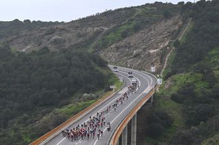 TAVIRA PORTUGAL FEBRUARY 21 A general view of the peloton competing during to the 51st Volta ao Algarve em Bicicleta Stage 3 a 1835km stage from Vila Real Santo Antonio to Tavira on February 21 2025 in Tavira Portugal Photo by Tim de WaeleGetty Images