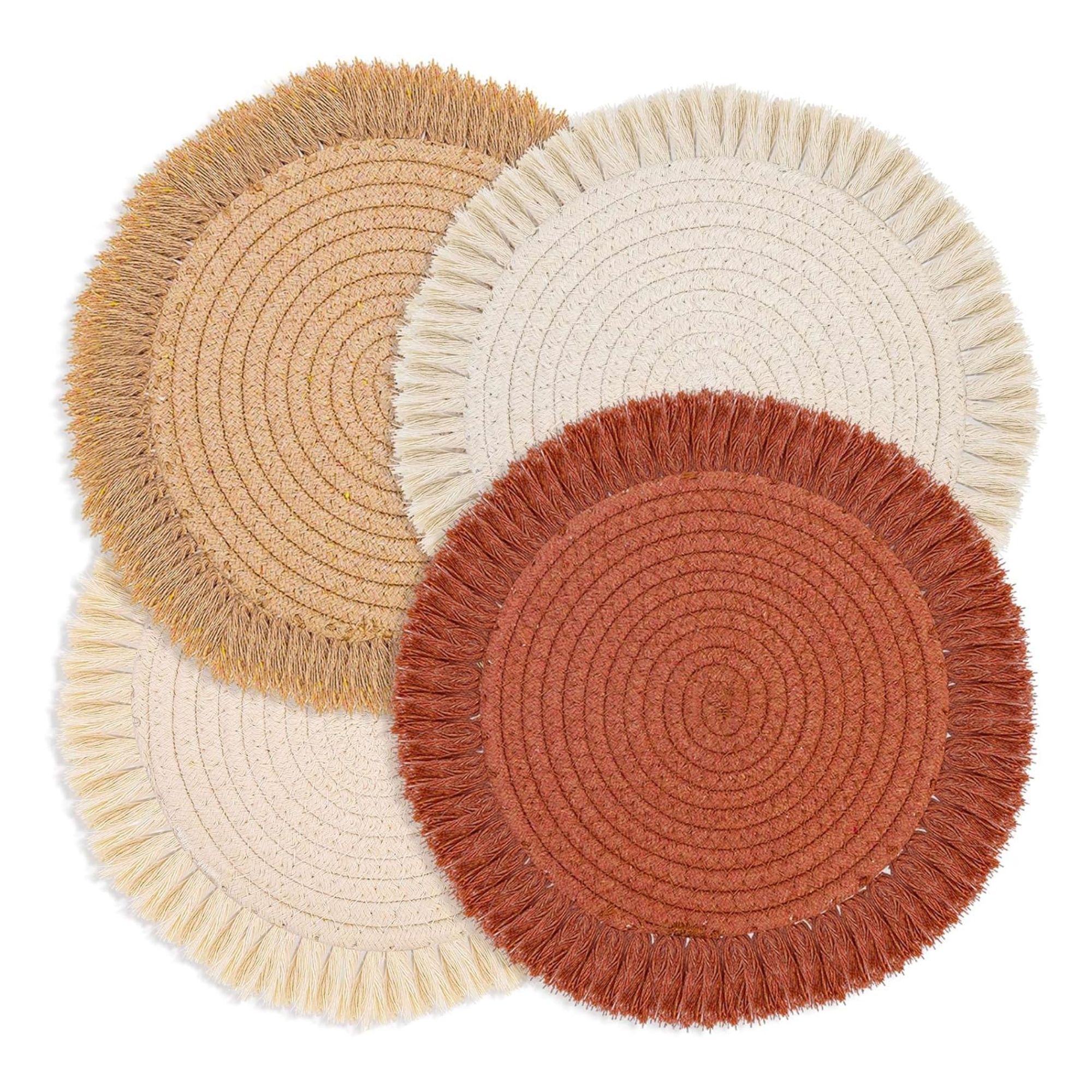 Woven cotton mats in cream, beige and burnt orange