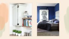 Compilation image of a white kitchen boiler and blue bedroom with an AC unit to support the launch of British Gas boilers and air conditioning at Currys
