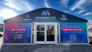 A picture outside of CES 2022 convention centre showing a building with Metaverse City branding