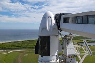 SpaceX's Crew Dragon Endurance and its Falcon 9 rocket stand atop Pad 39A at NASA's Kennedy Space Center in Cape Canaveral, Florida.