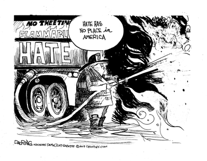 Political Cartoon U.S. Fireman Trump Flammable Liquid Hate Fire
