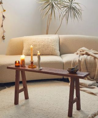 Acacia wood bench used as a coffee table alternative in a minimalist living room with cream boucle upholstered sofa, faux fur cushion and palm tree