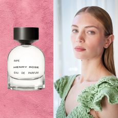 a blonde woman in a green knit top on a pink background next to a glass bottle with a black top