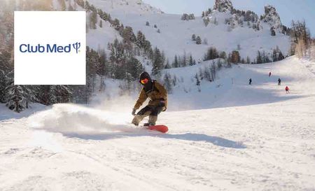club med logo top left with a guy snowboarding