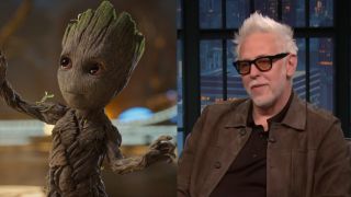 Baby Groot freezes while dancing in Guardians of the Galaxy Vol. 2, James Gunn gets interviewed on Late Night With Seth Meyers.