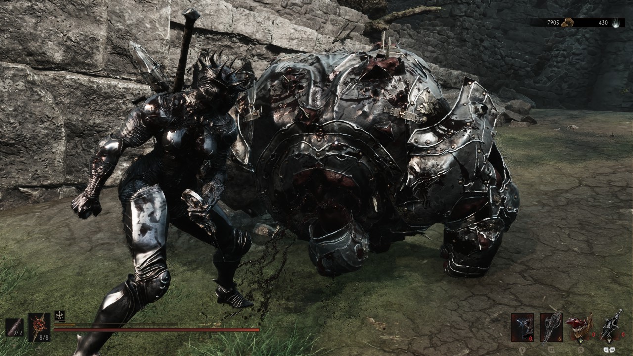 Using an armored shell to fight an armored monster in Mortal Shell 2