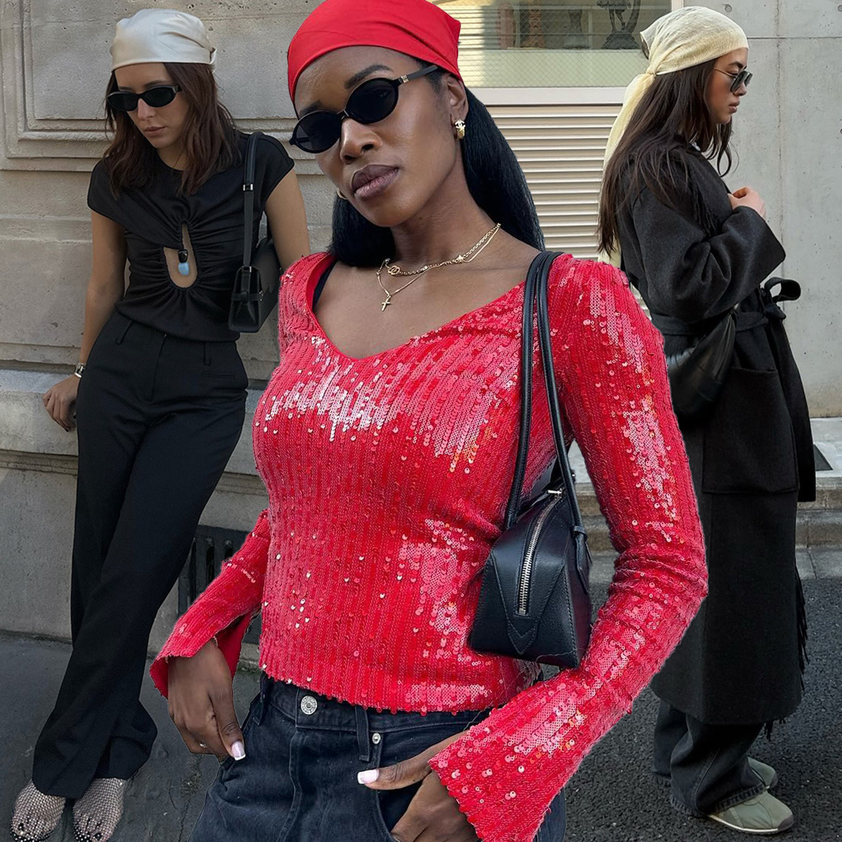 How to wear a bandana is shown in a collage of images of women wearing headscarf outfits, on the left a woman is wearing a beige kerchief with a black trench coat and black bag, in the middle a woman is wearing a red bandana with a red sequin top and black jeans, and on the right a woman is wearing a beige satin headscarf with a black t-shirt and black trousers 