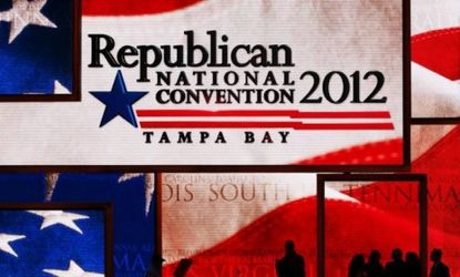 People stand on the main stage at the Tampa Bay Times Forum on the abbreviated first day of the Republican National Convention: Tropical Storm Isaac may have put a damper on the first day of 