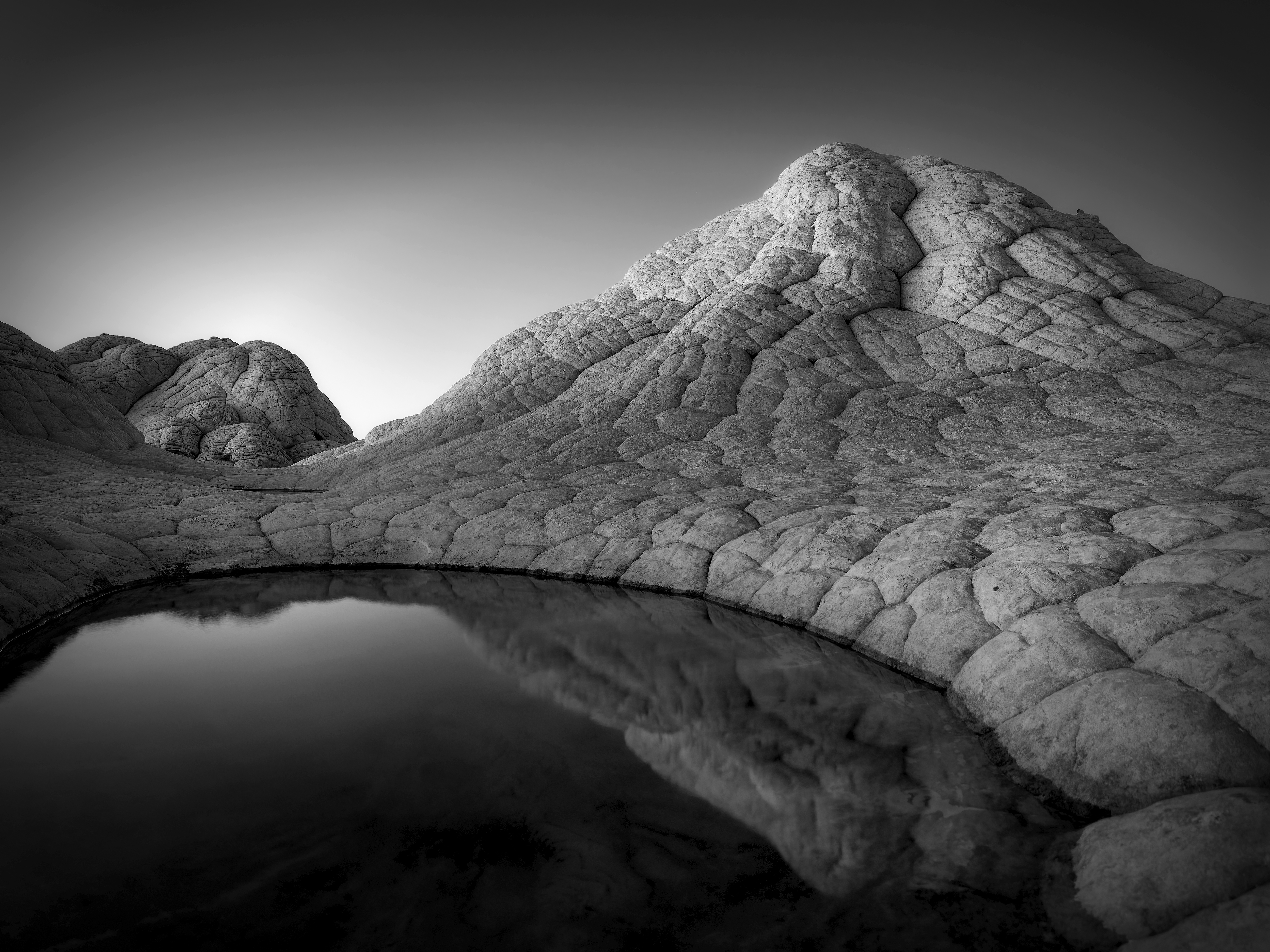 A black and white photograph captures the highly textured, brain-like rock formations of White Pocket reflecting in a small, dark pool of water under a bright sky.
