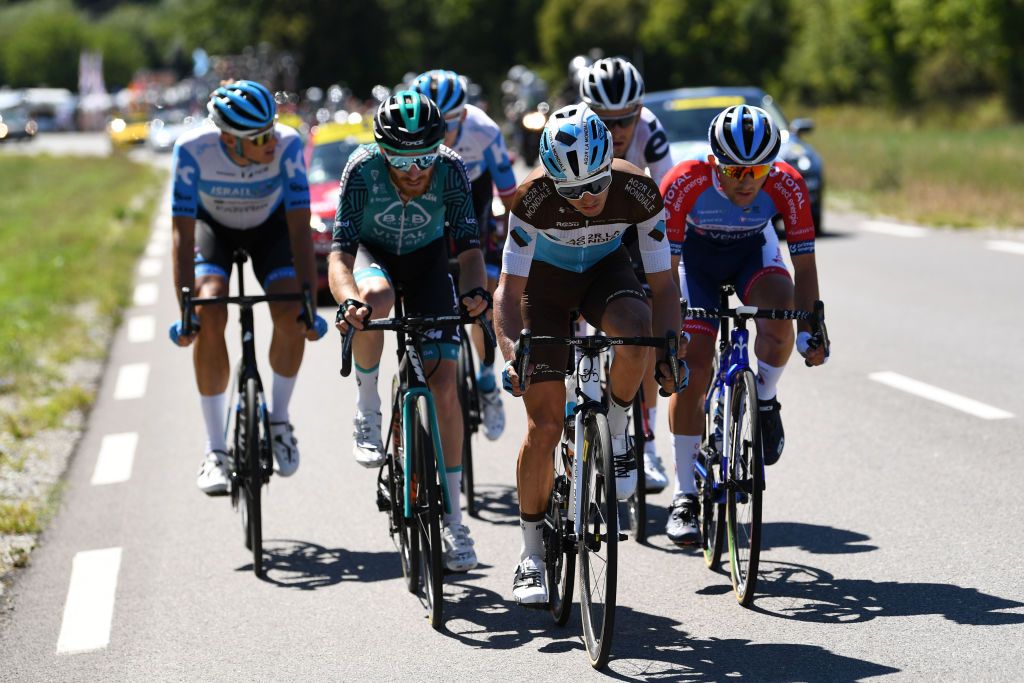 ORCIERES FRANCE SEPTEMBER 01 Quentin Pacher of France and Team BB Hotels Vital Concept Alexis Vuillermoz of France and Team Ag2R La Mondiale Tiesj Benoot of Belgium and Team Sunweb Nils Politt of Germany and Team Israel StartUp Nation Krists Neilands of Latvia and Team Israel StartUp Nation Mathieu Burgaudeau of France and Team Total Direct Energie Breakaway during the 107th Tour de France 2020 Stage 4 a 1605km stage from Sisteron to OrcieresMerlette 1825m TDF2020 LeTour on September 01 2020 in Orcieres France Photo by Tim de WaeleGetty Images