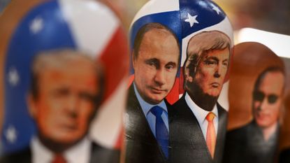 Nesting dolls of Donald Trump and Vladimir Putin in shop in Moscow