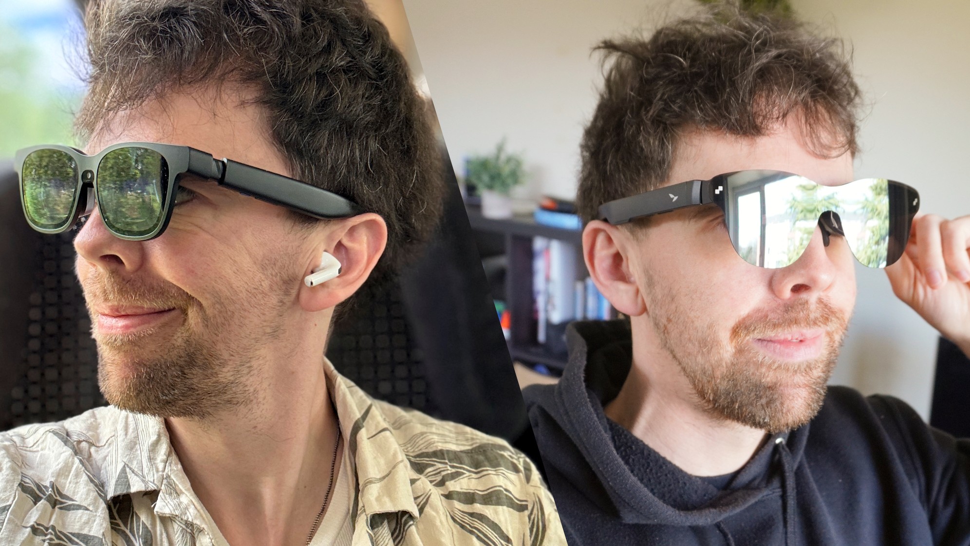 A side by side shot of Jason England wearing different pairs of smart glasses