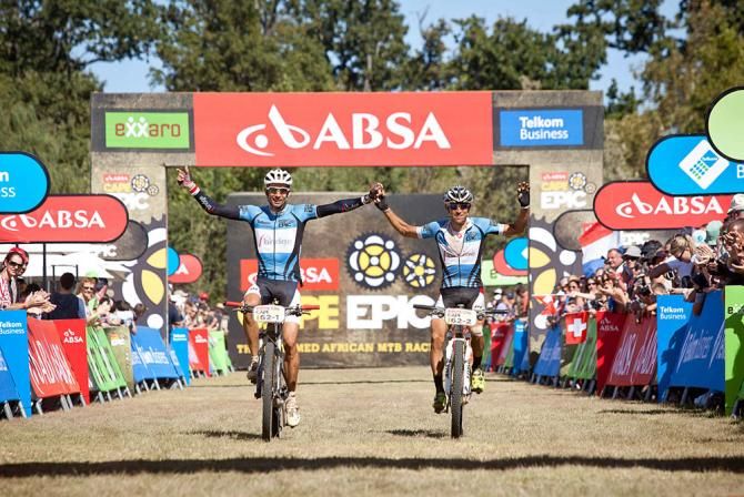 Masters Winners Nico Pfitzenmaier (L) and Abraao Azevedo (R) cross the line of the final stage