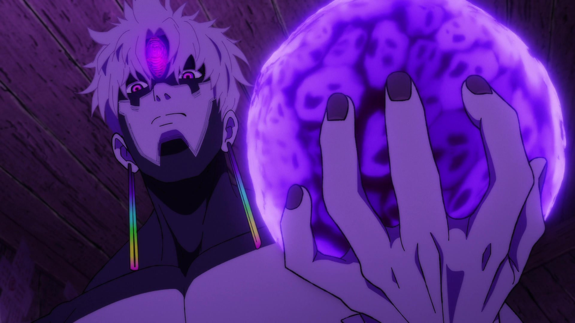 A close-up of a man holding a purple orb during Dan Da Dan season 2