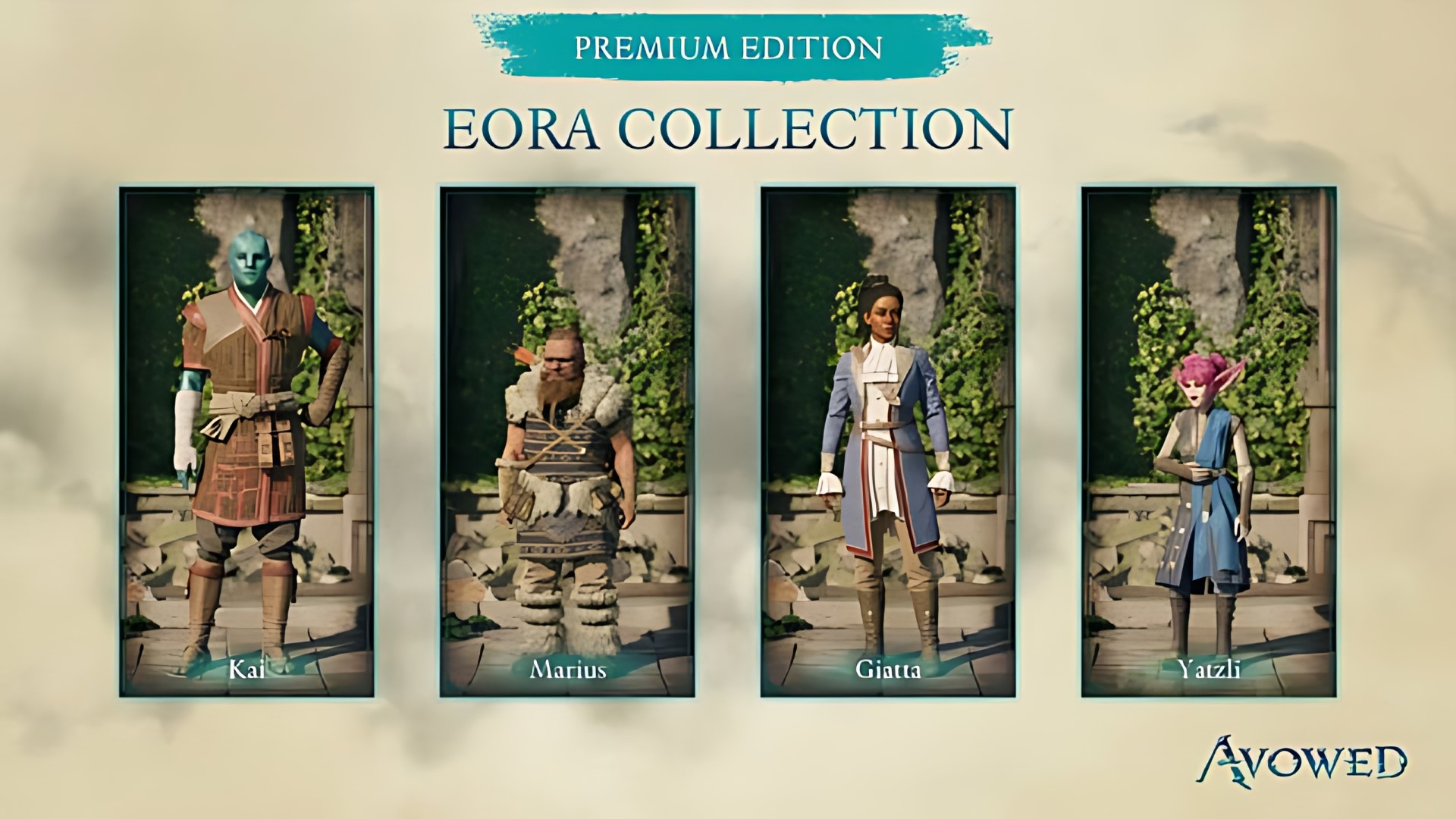 Images of Obsidian and Eora skins for companions in Avowed. Obsidian are black and grey clothing.