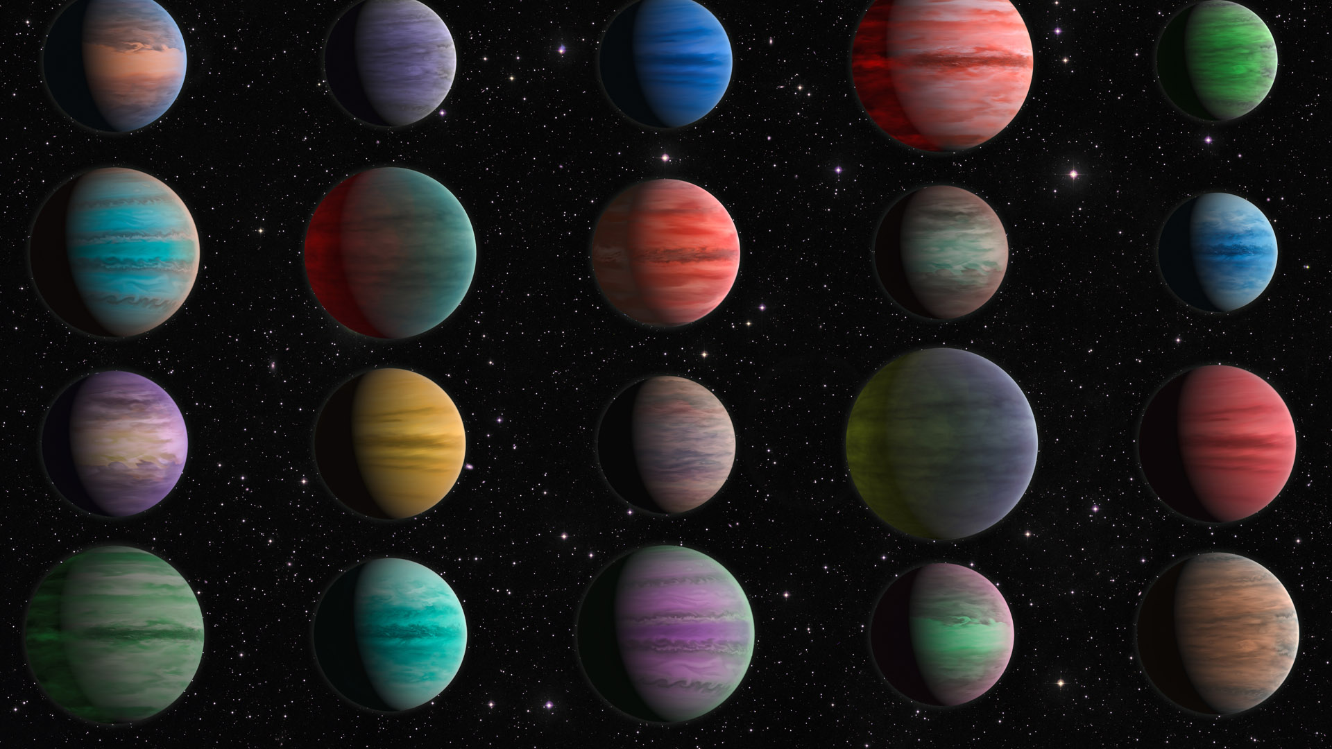 a grid view of various exoplanet artistic illustrations