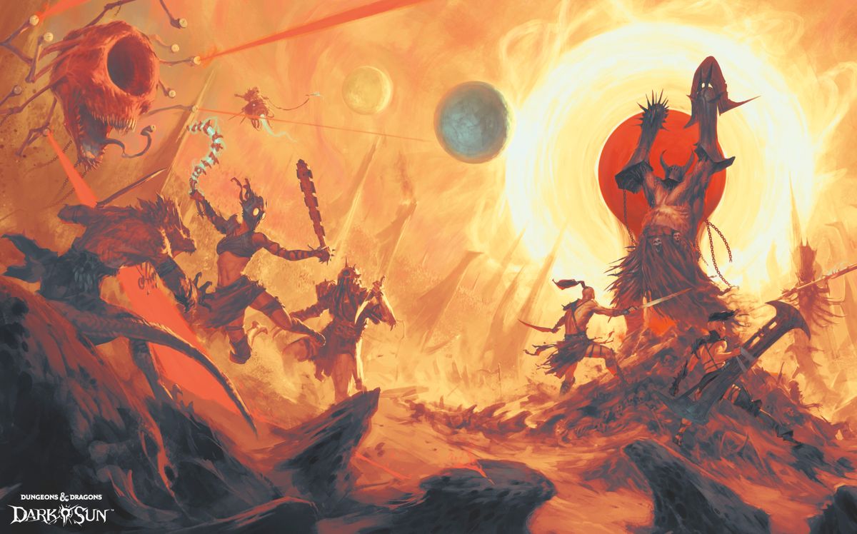 A blazing yellow sun glares down at barbaric warriors fighting in the desert