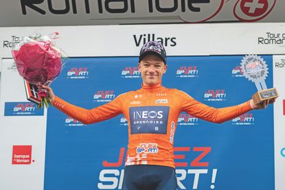 Ethan Hayter on the podium at the Tour of Romandie