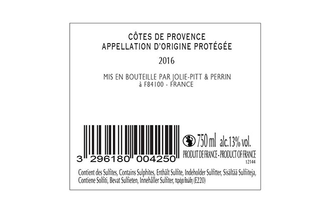 Miraval 2016 label, Pitt Jolie wine