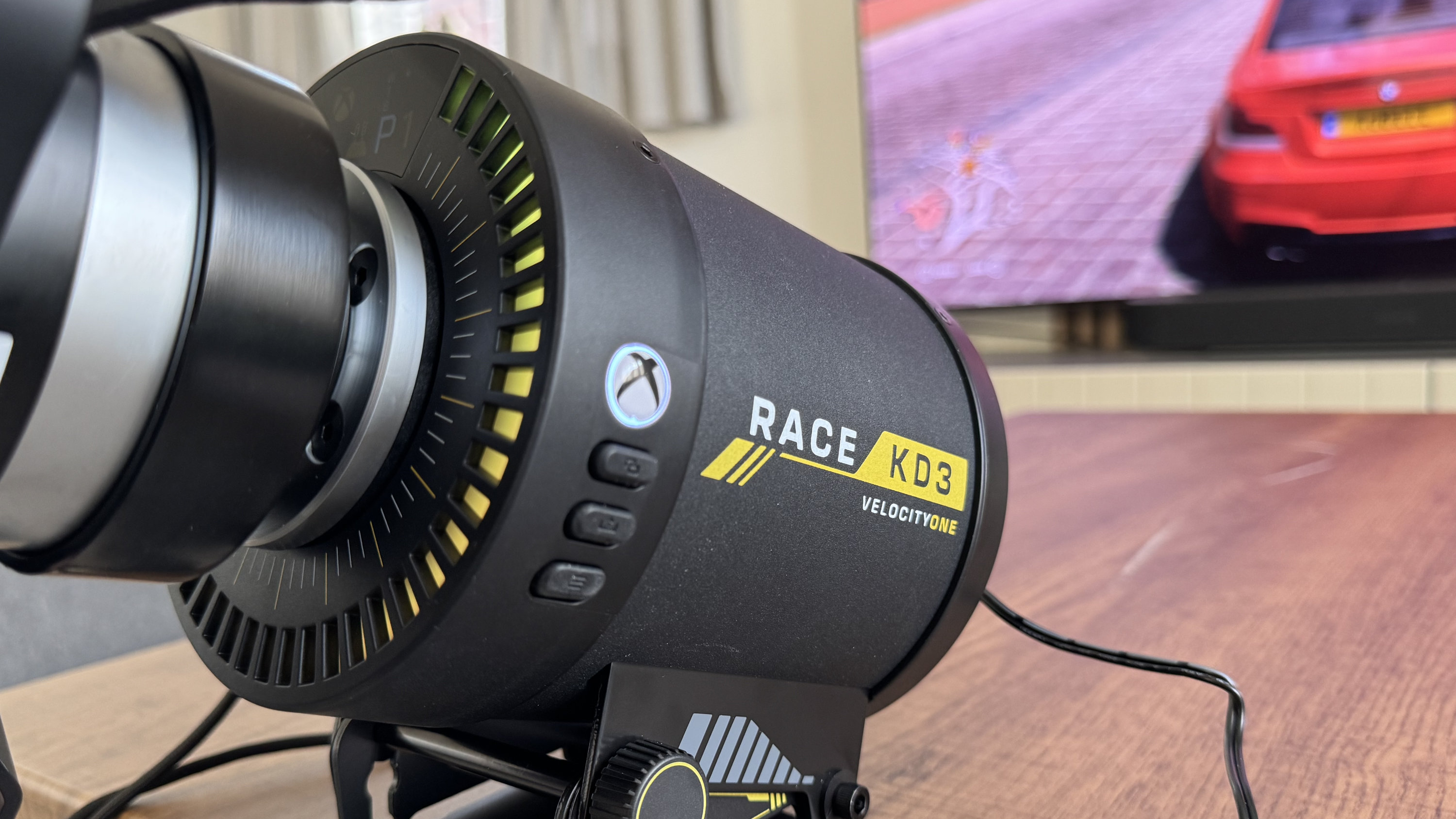 The cylindrical wheel base of the Turtle Beach VelocityOne Race KD3