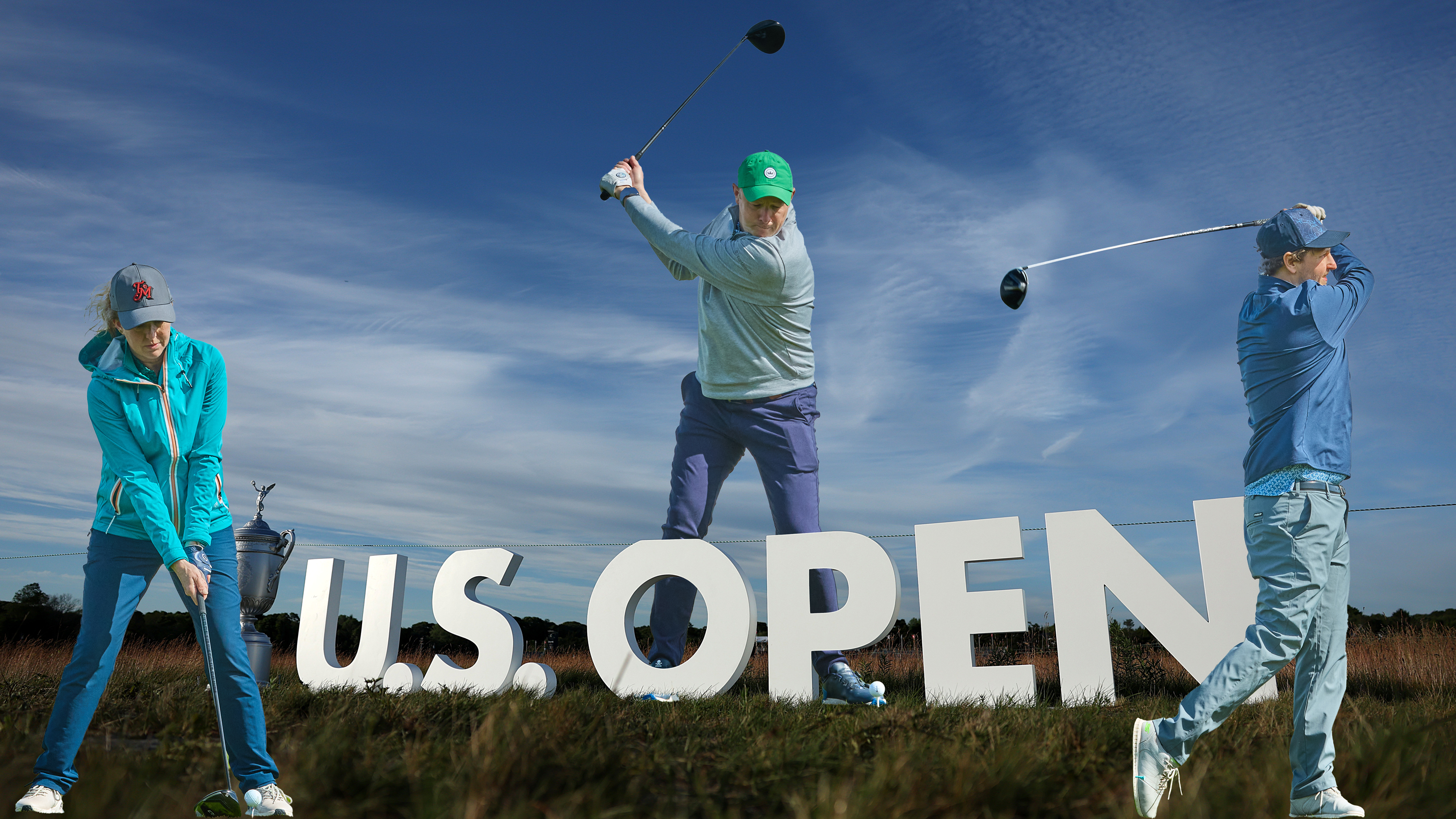 The US Open trophy and sign at Shinnecock Hills, with three inset images of amateur golfers, both male and female, hitting golf shots
