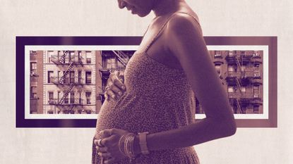 Photo collage of a young Black pregnant woman, with city apartment buildings in the background