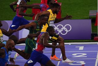 Noah Lyles winning gold in the 100m dash finals at the 2024 Paris Olympics